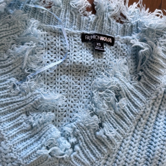 Fashion Nova Light Blue Distressed V-Neck Sweater | Size XS - Picture 2 of 5